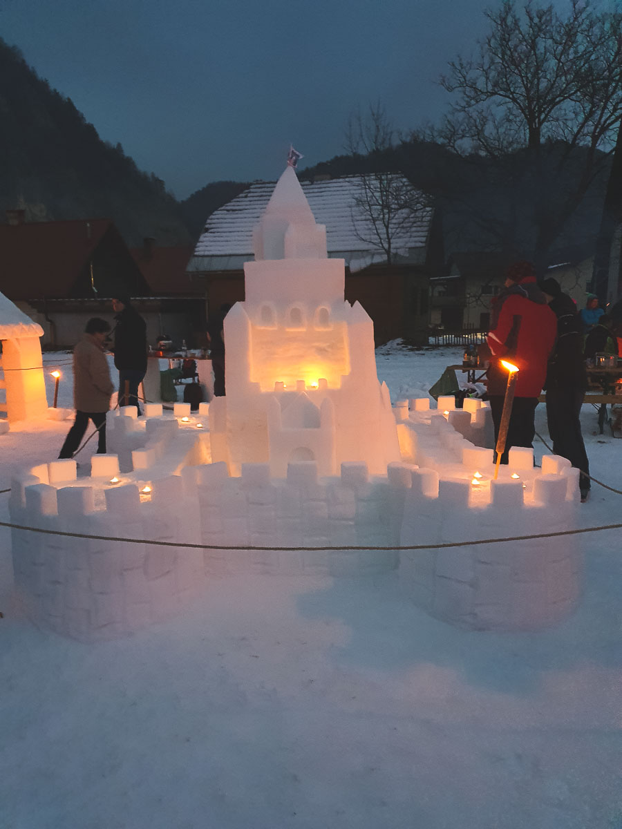 snow castle with lights