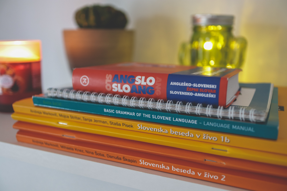 Stack of Slovenian books and dictionary