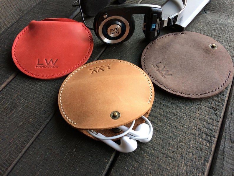 round leather earphone case