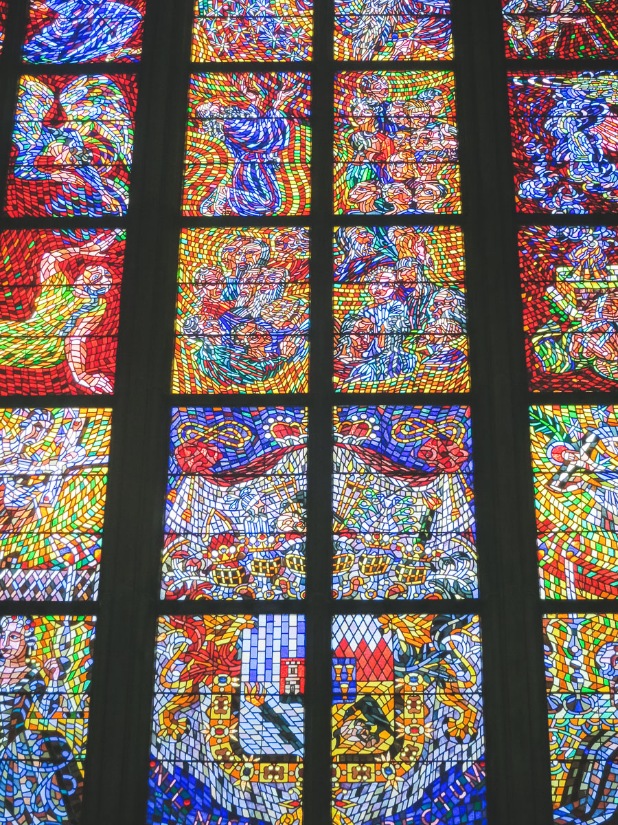 stained glass in St Vitus - medieval prague