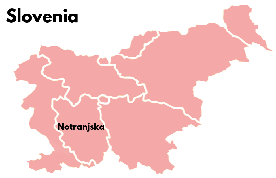 Map of Slovenian regions with Notranjska in the southwestern corner pointed at