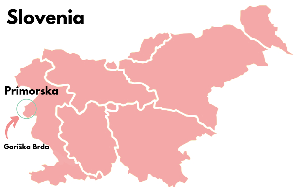 Traditional regions of Slovenia shown on a map highlighting Primorska and Goriska Brda