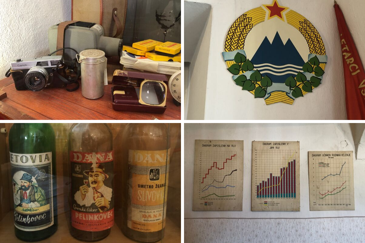 Various artifacts found around Velenje Museum such as old cameras, bottles, and posters