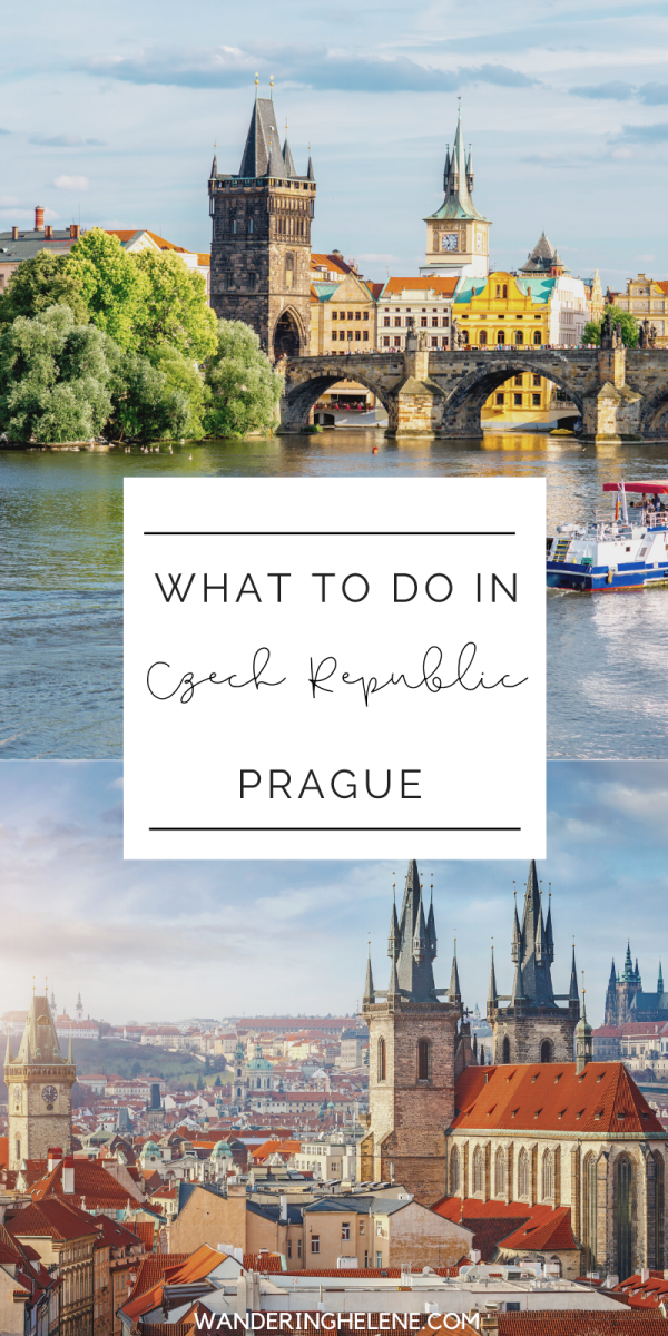 two images of prague for a pinterest pin. Top one of charles bridge and bottom of skyline